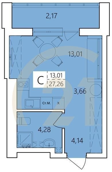 Студия, 27.26 м², 2-6 этаж