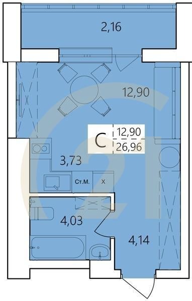 Студия, 26.96 м², 2-25 этаж