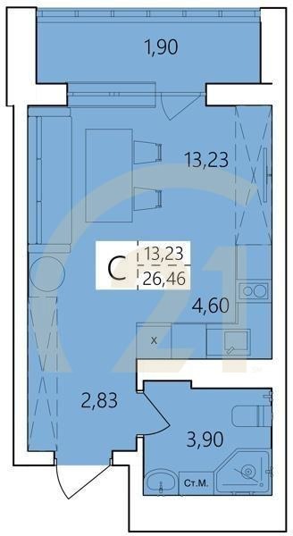 Студия, 26.46 м², 2 этаж