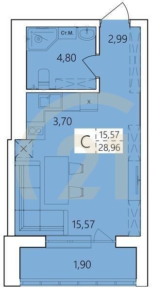 Студия, 28.96 м², 2-25 этаж