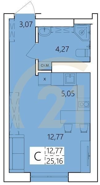 Студия, 25.16 м², 1-25 этаж