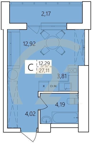 Студия, 27.11 м², 2-25 этаж