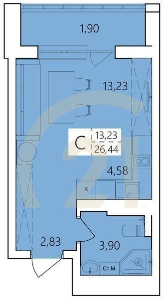 Студия, 26.44 м², 8-25 этаж