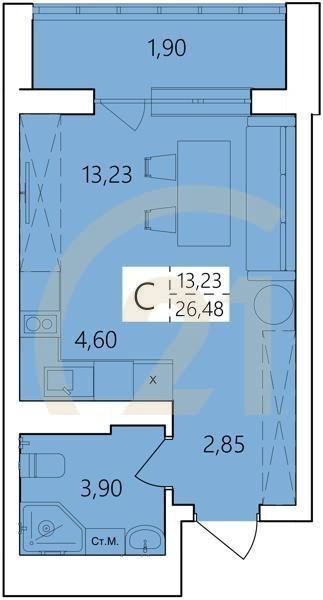 Студия, 26.48 м², 2-25 этаж