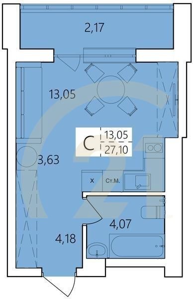 Студия, 27.1 м², 3-25 этаж