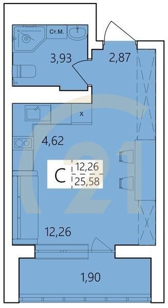 Студия, 25.56 м², 13-25 этаж