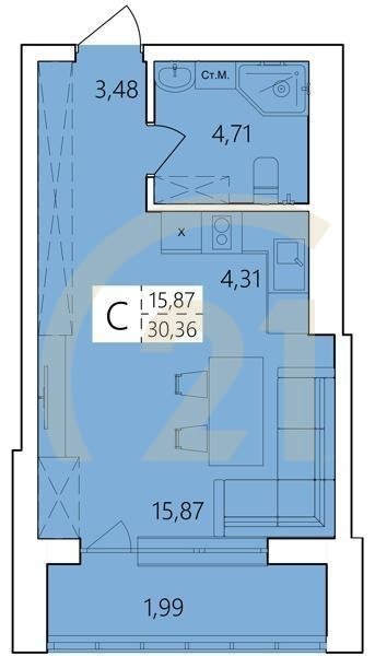 Студия, 30.36 м², 9-25 этаж