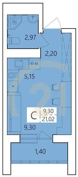 Студия, 21.02 м², 1-25 этаж