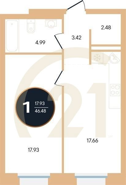1-комн, 46.48 м², 2 этаж
