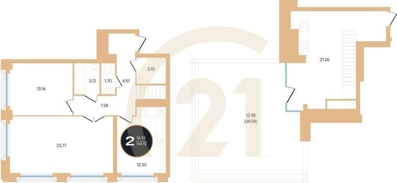 2-комн, 104.92 м², 14 этаж