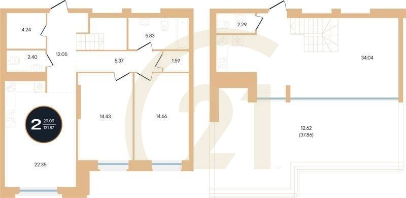 2-комн, 131.87 м², 13 этаж