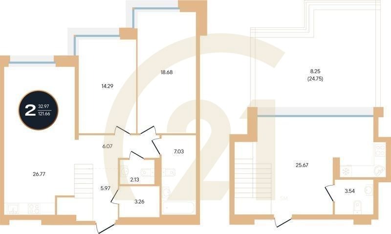 2-комн, 121.66 м², 14 этаж