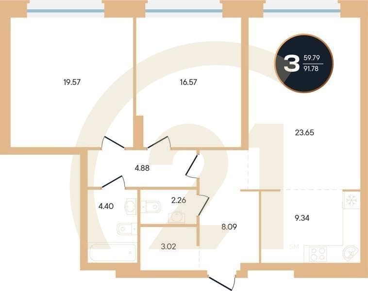 3-комн, 91.78 м², 2 этаж