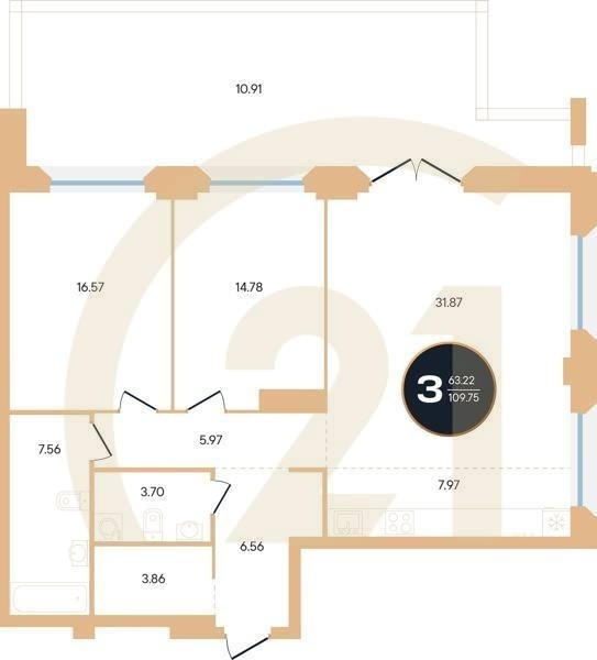 3-комн, 109.75 м², 2 этаж