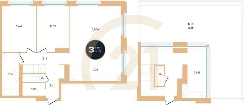 3-комн, 141.72 м², 14 этаж