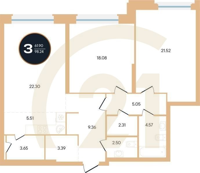 3-комн, 98.24 м², 2 этаж