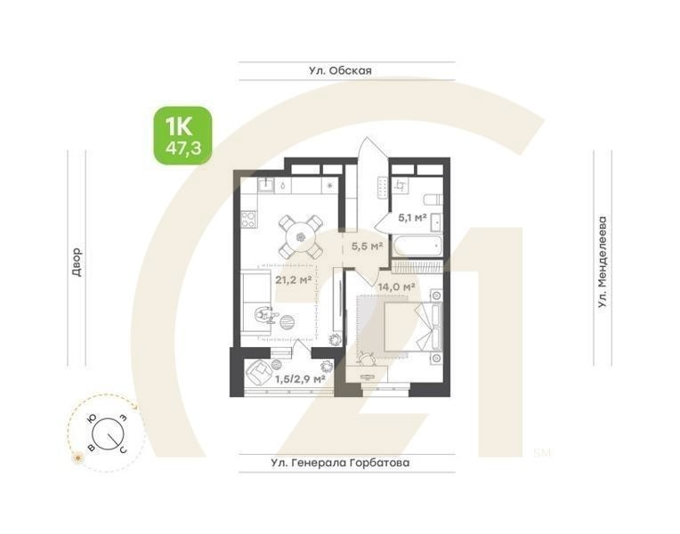 1-комн. квартира 44,8 м² 10/26 эт.