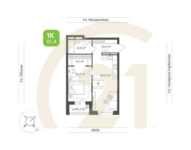 1-комн. квартира 45 м² 5/26 эт.