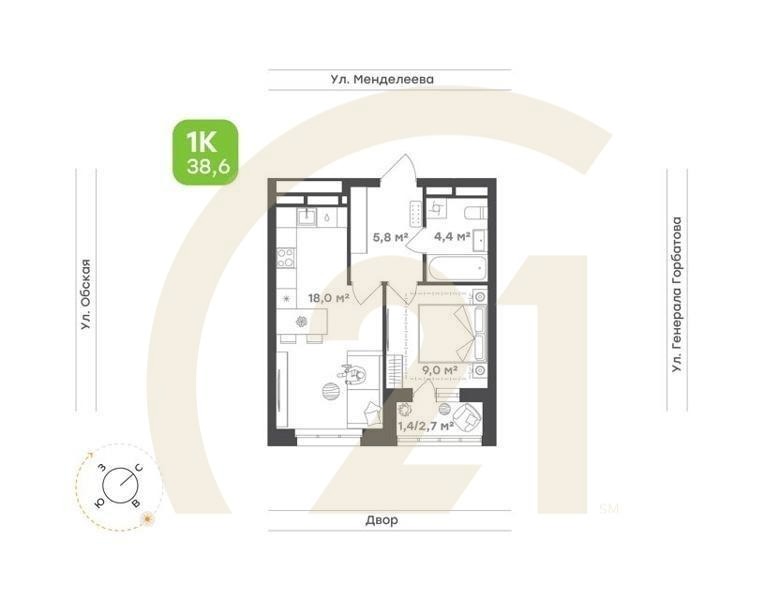 1-комн. квартира 41,8 м² 22/26 эт.