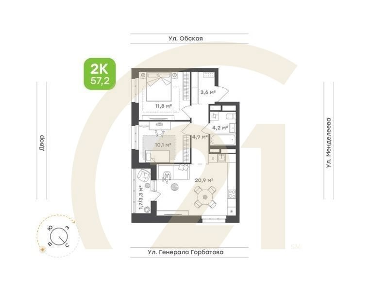 2-комн. квартира 53,8 м² 7/26 эт.