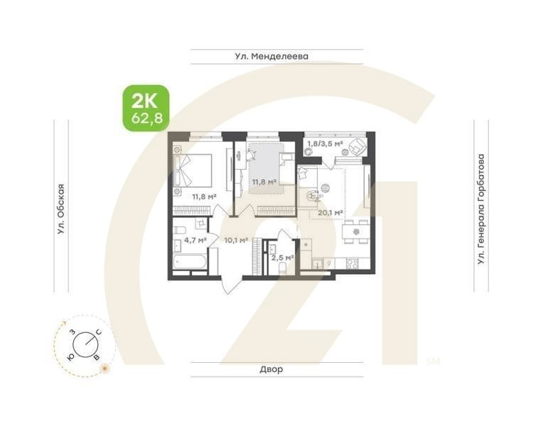 2-комн. квартира 64,1 м² 3-8/26 эт.