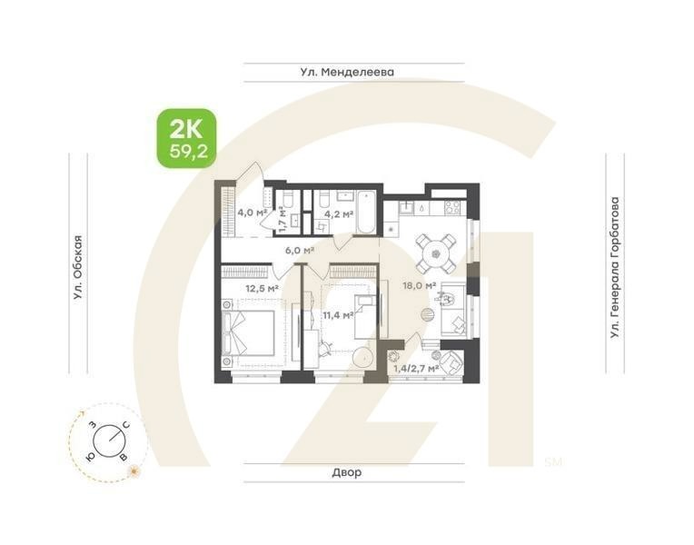 2-комн. квартира 62,4 м² 18-21/26 эт.