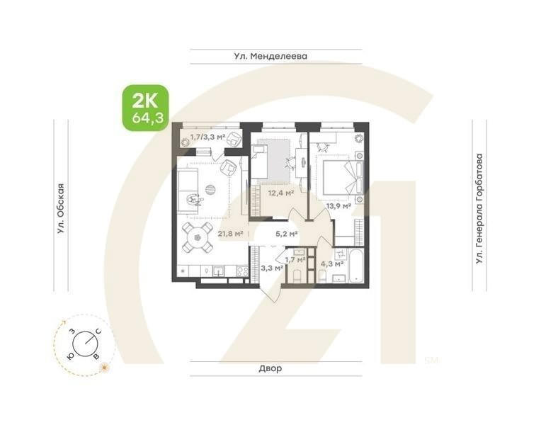 2-комн. квартира 59,4 м² 6-15/26 эт.