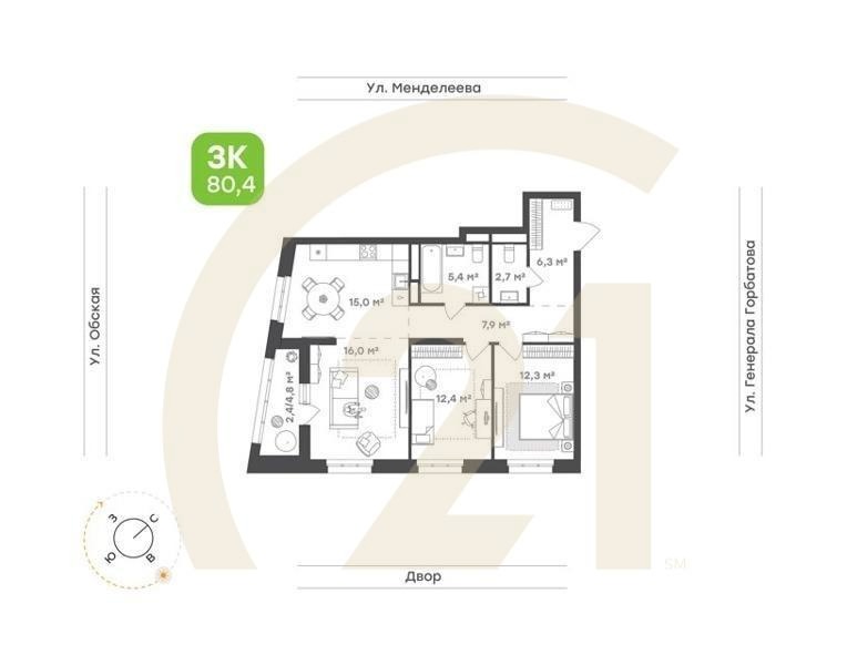 3-комн. квартира 80,4 м² 5-18/26 эт.