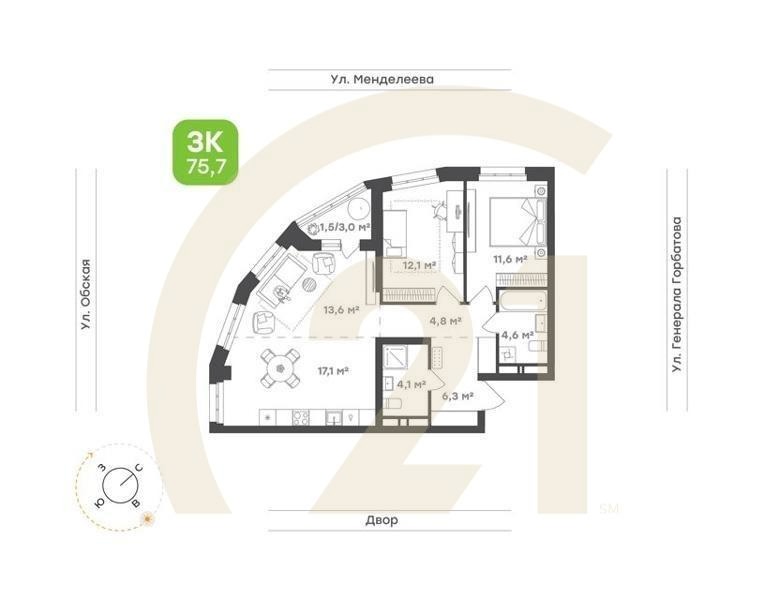 3-комн. квартира 89,1 м² 5-18/26 эт.