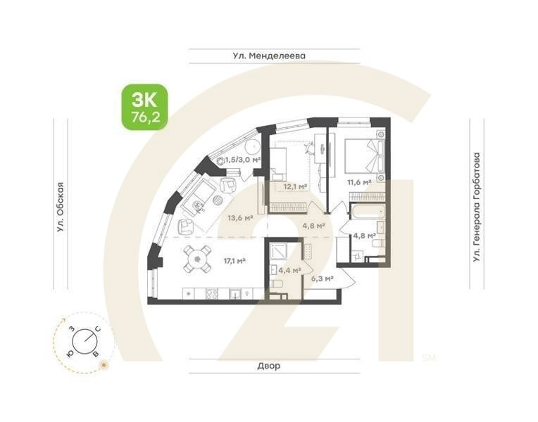 3-комн. квартира 80,5 м² 3/26 эт.