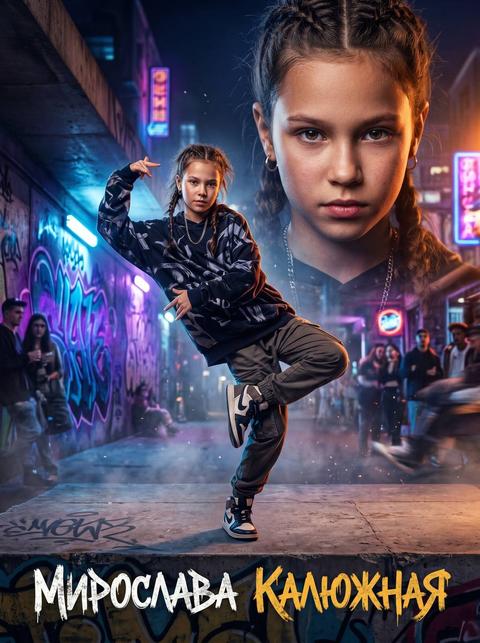 ТАНЦЫ ХИП-ХОП Создай кинематографичный постер в стиле уличных танцев хип-хоп с участием ребенка, используя референсное фото и максимально точно сохраняя черты лица, пропорции и индивидуальность внешности, с реалистичной текстурой кожи без эффекта пластика. Сцена: городской урбан-пространство (улица, граффити-стена, подземный переход или индустриальный зал). Атмосфера энергичная, дерзкая, с контрастным освещением (неоновые акценты, боковой и контровой свет), легкая дымка усиливает глубину. Композиция: На переднем плане — ребенок в полный рост в динамичной хип-хоп позе (freeze, power move, резкий шаг или изолированное движение). Движение: резкость, энергия, уличный стиль, уверенность в теле. Камера может быть немного снизу для усиления силы и стиля. На заднем плане — крупный портрет того же ребенка, с точным сохранением лица с референса, уверенный, сосредоточенный или слегка дерзкий взгляд. Важное требование (референс): Сохранить идентичность лица: форма глаз, носа, губ, пропорции. Не изменять возрастные черты. Реалистичная кожа: текстура, без сглаживания и «пластика». Без чрезмерной ретуши. Максимальная узнаваемость. Внешний вид: Уличная одежда в стиле хип-хоп (оверсайз худи, футболка, джоггеры). Кроссовки. Аксессуары (по желанию): кепка, цепочка, но без перегруза. Естественное телосложение. Фон: Граффити, бетонные стены, урбан-текстуры. Неоновые или цветные световые акценты. Размытый городской фон или индустриальное пространство. Эффект глубины и уличной атмосферы. Цветовая палитра: Темные и контрастные оттенки (черный, графит, темно-синий). Яркие неоновые акценты (фиолетовый, голубой, розовый, зеленый). Контраст теплого и холодного света. Текст: Имя и фамилия: «{FULLNAME}». Шрифт: уличный, граффити-стиль или динамичный современный, с эффектом текстуры. Стиль: Гиперреализм с сохранением likeness, Cinematic lighting, High contrast, Ultra detailed, Depth of field, Motion & street energy. Эффекты: Легкая дымка, неоновые подсветки, частицы пыли и светящиеся искры, легкий motion blur, подчеркивание текстуры одежды и реалистичной кожи, эффект движения и ритма. Атмосфера: энергия, свобода, самовыражение, стиль, уверенность, ритм улицы, драйв. Другой текст кроме имени и фамилии не надо. Текст на русском языке. Кожа лица супер реалистичная, без эффекта пластика.