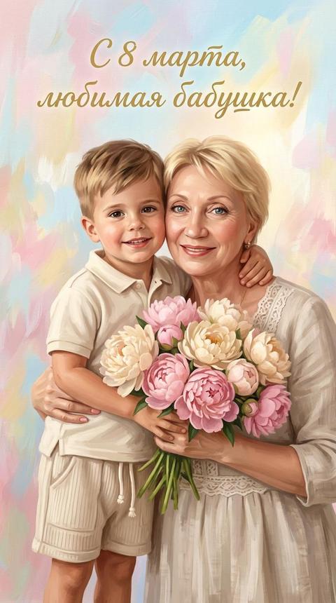 A boy (grandson) and an elderly woman (grandmother), hugging and smiling. The boy is dressed in a light polo shirt and shorts, the elderly woman is in a light dress. They are holding a large bouquet of peonies in delicate pink and cream shades. The text 'Happy March 8th, beloved Grandma!' is written in golden letters at the top of the image. An abstract, pastel background with blurred strokes resembling a canvas, in light shades of pink, yellow, and blue.

Digital painting in the style of a classical portrait, impressionistic technique with visible brushstrokes, a tender and romantic palette.

Soft, diffused golden lighting, coming from above and slightly from the side, creating a warm atmosphere and soft shadows.

Centered composition, bust-level cropping, focus on faces and the bouquet, creating a sense of intimacy and tenderness. Do not change facial features.