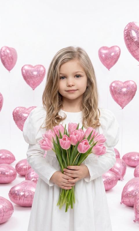 Создай портрет, не меняя черты лица. Студийная фотография девочки . Она одета в белое платье с длинными рукавами фонариками . В руке она держит букет розовых тюльпанов. Нежная улыбка на лице. Ребенок окружен множеством розовых блестящих воздушных шаров в форме сердец, которые лежат на полу и парят за ним. Фон чисто-белый, яркое студийное освещение с мягкими тенями, высокая контрастность, журнальный стиль, 8k, гиперреализм.