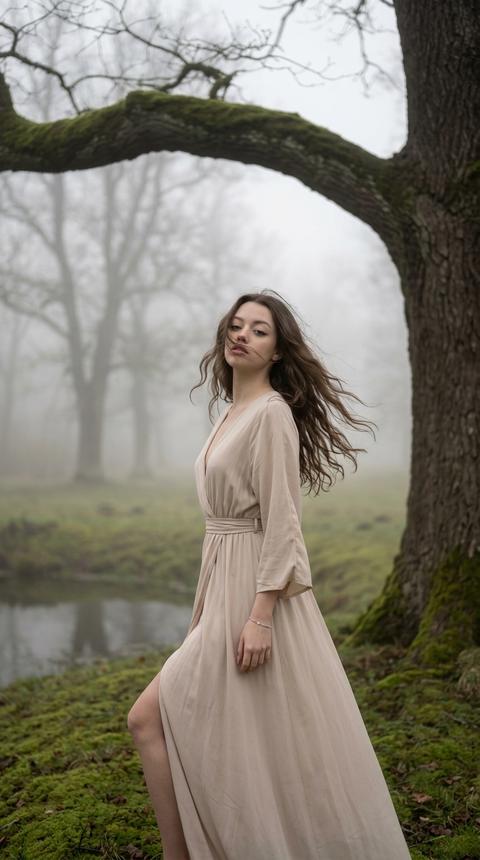 STRICTLY maintain 1:1 appearance — face, features, proportions, skin texture, hair color and length unchanged. Aspect ratio 9:16. Photorealistic photo outdoors in dense fog. Camera at waist level, 50–85mm, f/3.2, moderate DoF. Location: a mossy field with a small pond; in the upper third of the frame, a thick curved moss-covered branch, a massive tree trunk on the right; blurred silhouettes of trees in the background. Pose strictly: torso turned to the left (~30°), one leg extended forward and bent; body elongated, shoulders relaxed. Head fully turned towards the camera, chin slightly raised, looking into the lens. Hair down, blowing backward and sideways in the wind, individual strands crossing the face. Clothing: long, flowing milky-beige dress, deep V-neck, belt, loose sleeves. LIGHT: overhead diffused through the fog, no direct sun; even frontal fill from the environment, soft shadows under the chin, low contrast.