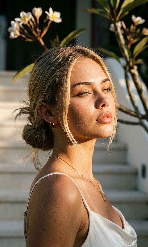 Strictly maintain appearance 1:1 — face, features, proportions, skin texture and tone, age, hair color and length. Format 9:16. Shot on iPhone 15 Pro, 24mm, f/1.8, golden hour, harsh side light from the left, sharp shadows, film grain, no beauty filter.
Bust shot, camera at chest level. Girl half-turned to the right 40°. Head slightly tilted up, chin raised, eyelids half-closed, gaze directed far to the right past the camera — diffused and dreamy. Slight half-smile, sensual and relaxed expression. Hair in a low bun, stray strands from the wind. White silk slip dress on thin straps. Thin gold hoop earrings. Thin gold chain. Blurred plumeria branches on the left. Background: blurred white steps. Visible pores, open pores, peach fuzz, uneven skin tone, real lip texture. No plastic skin. Style:Raw. Steps:40.