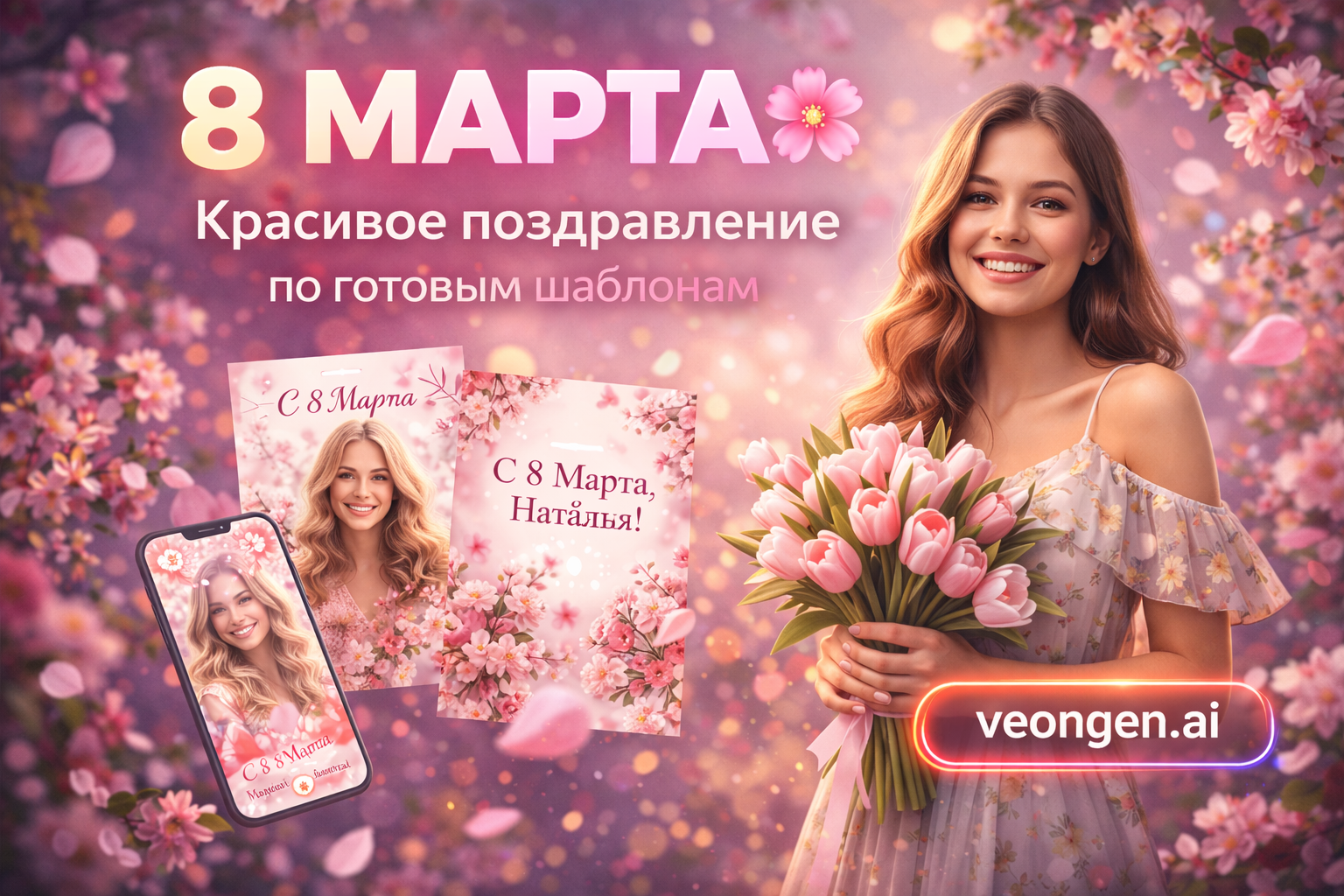Международный женский день — время для тёплых поздравлений. Узнайте, как создать красивое и оригинальное поздравление к 8 марта с помощью готовых шаблонов на veongen.ai, чтобы порадовать близких.