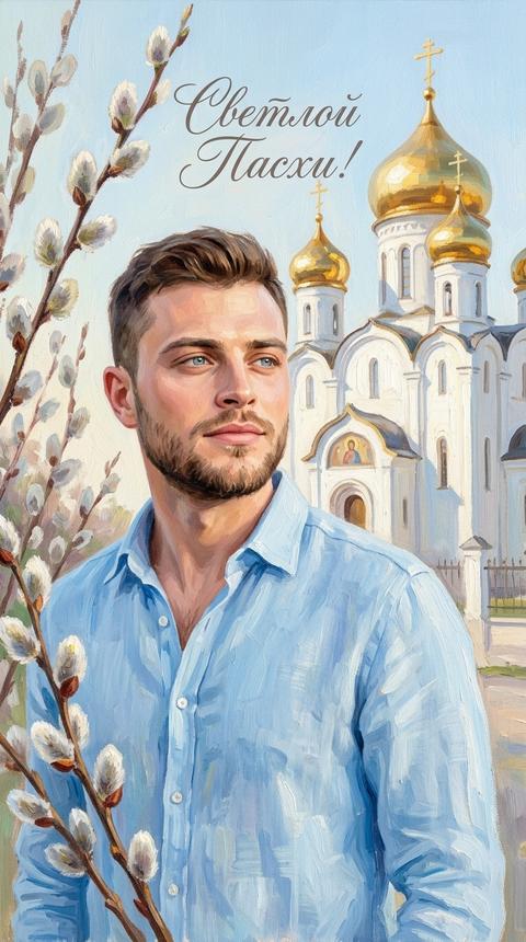 Создай портрет, не меняя черты лица. Живописный портрет в стиле масляной живописи, выполненный в мягких весенних пастельных тонах. Вертикальная композиция 9:16.
Мужчина с фото стоит и не смотрит в камеру , одет в голубую одежду из льна.
Фон — белый храм с золотыми куполами. Видны мазки масляной краски, фактура холста.
Текст в свободной зоне элегантным каллиграфическим шрифтом:
«Светлой Пасхи!»
Мягкий рассеянный дневной свет, тёплая палитра, атмосфера нежности и уюта. Высокое разрешение, детализированная текстура мазков. Открытку обрамляет с одной стороны веточки пушистой вербы