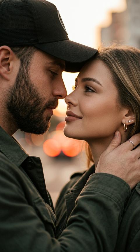 Maintain appearance 1:1. The photo is the only reference. Do not alter facial features, proportions. A man and a woman stand close together, foreheads touching and noses almost touching. The man is on the left, in profile, his head slightly lowered. The woman is on the right, her head tilted back towards the man, her face 3/4 to the camera, with a slight smile. Her hand is behind the man's head. Close-up from shoulders to the top of the head, shot at face level. The woman's skin is smooth and matte, natural makeup: neutral eyeshadow, long eyelashes, nude matte lipstick. Gold hoop earrings and a small star earring, a thin silver ring. Hair is tied in a messy bun with strands framing the face. They are wearing dark green jackets made of thick fabric with a collar. Blurred urban sunset background in warm tones with large orange-red bokeh in the center. Warm side sunset light from the right, soft golden glow on skin and hair, deep shadows on the left. 85mm, shallow depth of field, sharp focus on the woman's face, soft film grain, cinematic editorial color grading, photorealism.