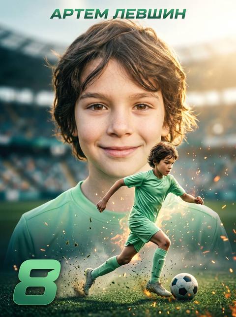 Спортивный кинематографичный постер футболиста, двойная композиция с эффектом двойной экспозиции.
На фоне большой портрет футболиста по плечи, спортсмен смотрит в камеру, лёгкая уверенная улыбка, мягкий контровой солнечный свет, золотые блики по контуру головы и плеч, shallow depth of field, размытые трибуны стадиона.
На переднем плане полный рост тот же футболист бежит с футбольным мячом по траве, динамичная поза, движение, нога касается мяча, летящие частицы травы и пыли, вокруг него огненные искры и светящиеся частицы, motion sparks, cinematic particles.
Форма: точно та что на фото футбольная форма.
Большая красная цифра {NUMBER} внизу кадра слева, как графический элемент постера.
Сверху по центру возле края красными буквами: {FULLNAME}.
Стадион днём, контровой свет, солнечные блики, glow, драматичный спортивный постер.
Технические детали: Фотореализм, ультра детализированная кожа, ткань формы, текстура травы, 85mm lens, f1.8, cinematic photography, high contrast, HDR, sharp focus, professional sports advertisement, poster design.
Цветокоррекция: теплые золотые хайлайты, глубокие тени, лёгкий teal в тенях, poster layout, sparks, dust, glowing particles, dramatic lighting, high detail, 4k, ultra realistic.
Описание внешности (Skintone block): natural light skin tone, fair european skin, светлая естественная кожа без загара, ровный тон лица, clean bright skin, без затемнения, без грязных теней на лице, без оранжевого или коричневого оттенка, realistic skin color, soft daylight on face, well lit face, correct white balance, healthy skin texture, no dark skin, no tan, no oversaturation, no harsh shadows on face