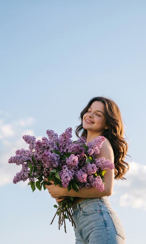 Preserve appearance 100%. Do not alter facial features or proportions. A girl with slightly voluminous, soft, wavy hair and light jeans that accentuate her figure, shown waist-up, holding a large lush bouquet of lilac flowers, low angle shot, vertical composition with the girl in the lower right third of the frame and a vast clear blue sky as negative space, warm side golden hour sunlight with soft shadows and a gentle rim light on the edge of her hair, free, joyful, and romantic mood, eyes closed, editorial fashion photography style in natural tones, light film grain, pastel-saturated color grading, natural textures, photograph taken with an iPhone camera.