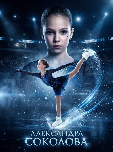 Создай кинематографичный спортивный постер с юной девочки фигуристки.
Сцена: ночная ледовая арена в темно-синих и холодных оттенках. Атмосфера — глубокая, драматичная, с мягким свечением и контрастным освещением. В воздухе — частицы льда, снежная пыль, искры света.
Композиция:
На переднем плане — фигуристка в полный рост, выполняет красивый элемент (арабеска), лед разлетается из-под коньков
Динамика движения: следы от коньков, ледяные брызги, светящиеся линии
На заднем плане — крупный портрет этой же девочки (лицо в камеру, взгляд состредоточенный).
Внешний вид:
фигурное платье темно-синего цвета с градиентом (синий → черный или ярко-синий), украшено стразами
белые фигурные коньки
аккуратный пучок или собранные волосы
легкий сценический макияж с акцентом на глаза
Фон:
ледовая арена с приглушенным освещением
отражения на льду
темный градиент (глубокий синий, индиго, почти черный)
мягкие лучи света и контровое освещение
Цветовая палитра:
темно-синий, индиго, холодный голубой
белые световые акценты
ледяные и стеклянные текстуры
Текст:
Имя и фамилия (например): "{FULLNAME}"
Шрифт: элегантный, слегка светящийся, с ледяным эффектом
Без указания города и года
Стиль:
гиперреализм
спортивный рекламный постер
cinematic lighting
high contrast
dramatic atmosphere
depth of field
ultra detailed
Эффекты:
ледяные частицы и кристаллы в воздухе
светящиеся линии от движения (trail effect)
холодный туман
блики и искры
свечение вокруг цифр и фигуры
Атмосфера:
грация + сила
концентрация
ощущение выступления на высоком уровне
немного «магии льда»