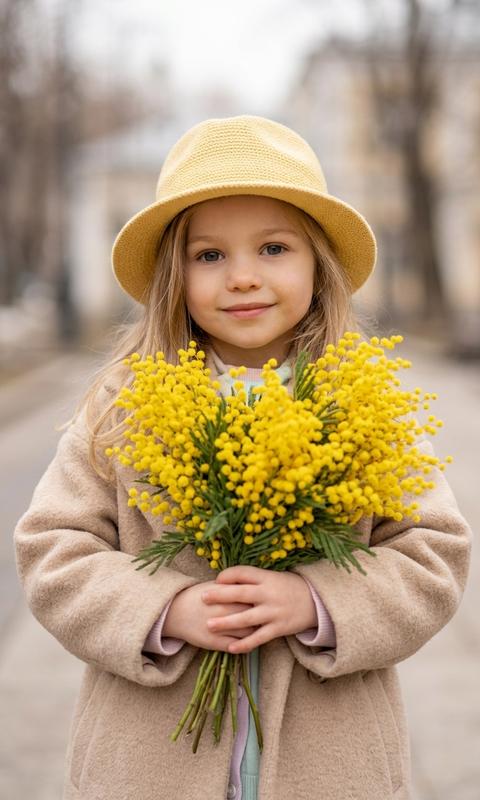 A young girl stands at a 3/4 angle, facing the camera, holding a large bouquet of flowers in front of her. Her hands are neatly folded around the stems. Her pose is calm and natural, her shoulders relaxed. Her face is slightly tilted. The frame is close-up, from the chest to the crown of her head.

On her head is a soft yellow, textured-knit Panama hat. Around her neck is a voluminous, warm, beige coat. Her clothing is warm and cozy, in calm, light shades.

She holds a large bouquet of bright yellow flowers (mimosa), which takes up a significant portion of the frame and creates a rich, vibrant color accent.

The background is neutral, light, and blurred, with the outlines of a blurred city barely visible against it. It's early spring in Russia.

The lighting is soft, natural, and diffused. Shadows are very subtle, practically nonexistent. The contrast is low.

The photo was taken with a portrait lens (approximately 50–85mm). The depth of field is shallow—the background is very blurred, while the model and bouquet are in sharp focus.

Warm yellow floral color palette,
soft pastel background tones,
natural soft daylight,
low contrast with gentle highlights,
clean portrait color grading,
strong color accents from flowers,
shallow depth of field,
cozy warm atmosphere,
highly detailed photorealistic look.