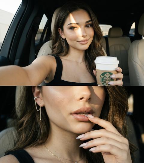 СТРОГО сохранить внешность 1:1. Триптих 9:16, три горизонтальных кадра. Фотореалистичная luxury cinematic editorial съёмка в автомобиле с тёмным салоном и светлыми кожаными сиденьями, golden hour, мягкая плёночная зернистость, приглушённая палитра, clean glossy skin, высокий контраст. На девушке чёрный топ на широких бретелях. Волосы распущены, чуть растрёпаны, подсвечены солнцем. Лёгкий смоки, черные ресницы, глянцевые губы. Один и тот же образ во всех кадрах. Верхний: selfie от первого лица, девушка полубоком смотрит в камеру, в руке стакан кофе Starbucks, солнечный луч проходит через один глаз и щёку, в ухе серебряная каффа с тонкой цепочкой. Средний: экстремальный close-up губ, носа и нижней части лица, миндальные ногти френч холодного nude касаются нижней губы. Нижний: профиль у окна, голова слегка запрокинута на сиденье, пальцы касаются шеи, широкий луч солнцв проходит через глаз и верх скулы.
