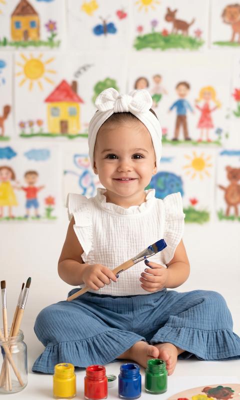 Create a portrait on a white background, without changing facial features.
Professional, studio photo of a girl with a kind smile, sitting on a white background and gently holding a paintbrush with paint, with paint all around, she has painted all the walls with children's drawings.
The girl is wearing a muslin white gathered top, wide muslin blue pants with ruffles. A headband of the same color as the top is tied on her head.
Lighting is soft, natural, creating a warm and bright atmosphere.
High detail, shallow depth of field, soft focus on the background.
9:16