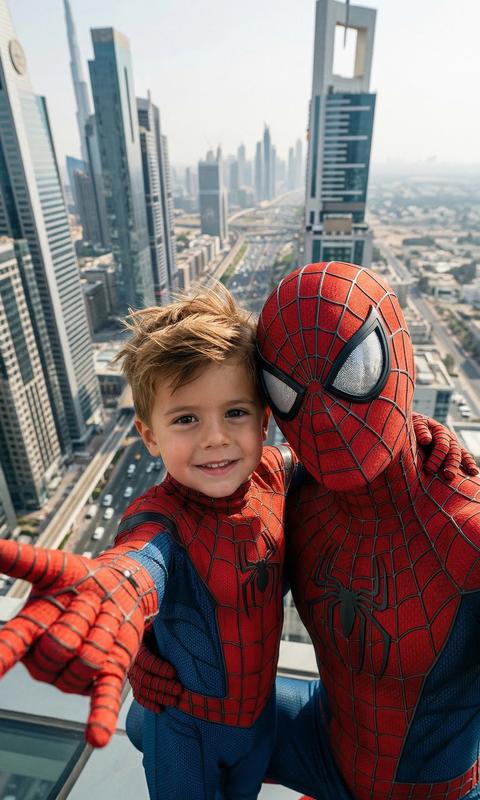 Without changing appearance and hair. Ultra-realistic close-up selfie (POV) taken on the rooftop of a very tall building overlooking a modern megalopolis.
The camera is positioned as if a child is holding a phone at arm's length and taking a selfie. In the frame, a small child's hand in a Spider-Man glove is stretched forward towards the lens, creating a selfie effect, but the phone itself is not visible in the shot.
In the center of the frame is a boy from a reference photo in a Spider-Man costume: soft textured fabric, neat mini-web patterns, red and blue suit. The child's Spider-Man mask is removed and resting on his neck. The child's face is fully visible and sharply in focus: natural skin.
Next to the child, leaning into the frame as if for a friendly selfie, stands an adult in a full Spider-Man costume. He poses very naturally and close to the child, like a parent in a tight selfie shot. The costume is highly detailed: realistic fabric texture, embossed web lines, subtle light reflections, high clarity without blur.
In the background is an impressive cityscape: modern skyscrapers, glass facades with reflections, a light atmospheric haze in the distance, natural sunlight, a sense of height, and a gentle breeze.
Shot with a wide-angle selfie lens 24-28mm, with slight distortion at the edges of the frame, characteristic of a selfie.
Cinematic: lighting, photorealism, ultra-high 16K level detail. ultra-sharpness.