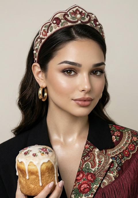 Создай крупный портрет с не меняя черты лица. Студийный fashion beauty portrait молодой женщины крупным планом, vertical editorial composition, нежный образ русской красавицы, мягкая женственная подача. на девушке надет элегантный черный свободный пиджак , длинными рукавами и правая сторона жакета асимметрично украшена большим декоративным элементом из роскошного платка в стиле павловопосадского орнамента, богатый цветочный и пейсли узор, крупные красные цветы, бордовые и тёмно-зелёные элементы, бежево-кремовые и коричневые декоративные детали, по нижнему краю платка длинная бахрома в цвет платка,
Безупречный макияж, губы розово коричневые, пухлые. Легкие румяна, контуринг, темные ресницы. мягкие переходы света по лицу, шее и ключицам, тончайшие естественные блики на коже, очень реалистичный glossy sheen, влажное сияние . легкий загар. гладкие блестящие с легкой волной волосы , одно видимое ухо с крупной гладкой золотой серьгой, на голове у девушки очень маленький дизайнерский ободок кокошник , расшитый бисером и бусинами в цвет платка, слева у лица рука держит роскошный авторский пасхальный кулич, высокий цилиндрический кулич с золотистой румяной выпеченной текстурой, rich baked surface texture, густая белая глазурь сверху красиво и натурально стекает по бокам, украшен узором в цвет платка .
светлый чистый минималистичный студийный фон, soft diffused studio lighting, controlled highlights, soft shadow transitions, luxury editorial aesthetic, high-end beauty campaign, premium color grading, elegant minimalism, photorealistic, ultra detailed, sharp focus, realistic textures, magazine quality, high fashion beauty shot.