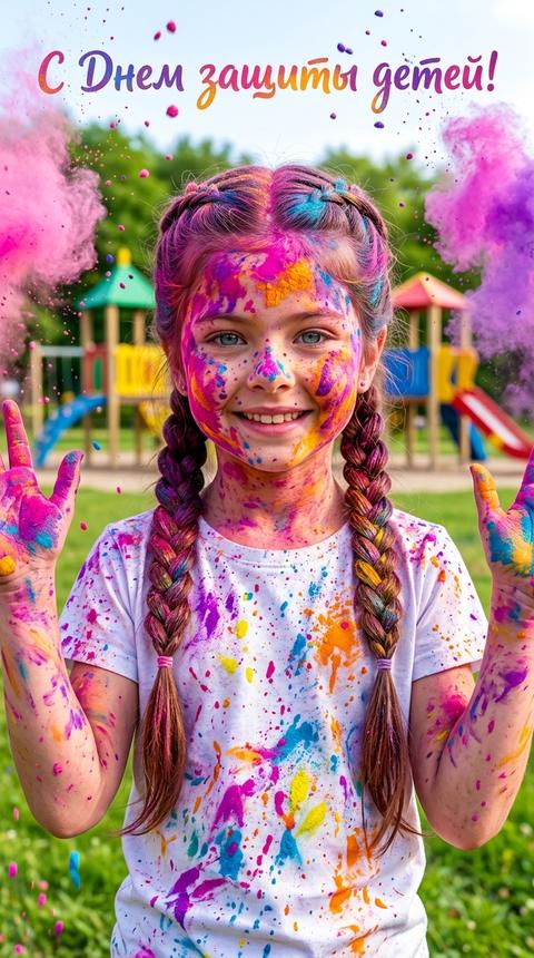 Create a portrait without changing facial features.
Photorealistic, ultra-detailed close-up portrait in the center of the frame, looking into the camera. Hair braided into two pigtails. Her face, hair, neck, and raised hands are thickly smeared with bright, colorful paints, resembling Holi powder.
Pink, purple, blue, yellow colors. The paint looks as realistic as possible, with a natural texture: in places, dry pigment on the skin and hair. The girl is wearing a white t-shirt covered in numerous bright, multicolored splashes, spots, and traces of paint. The fabric looks natural, with a realistic cotton texture, folds, and soft shadows. The background, a green meadow and a playground, clearly conveys the atmosphere of a vibrant color festival. Dynamic splashes, drops, and clouds of paint fly in the air around the child, with pink and purple colors particularly noticeable on the left and right. The lighting is bright, natural daylight, soft and realistic, emphasizing the saturation of colors, the natural skin texture, the volume of the face, and the shine of the hair. Professional advertising photoshoot composition, high 8K detail. In the upper part of the image, there is a beautiful congratulatory inscription in Russian, as if written with bright paint:
"С Днем защиты детей!"
The inscription should be neat, legible, and harmoniously integrated into the composition.