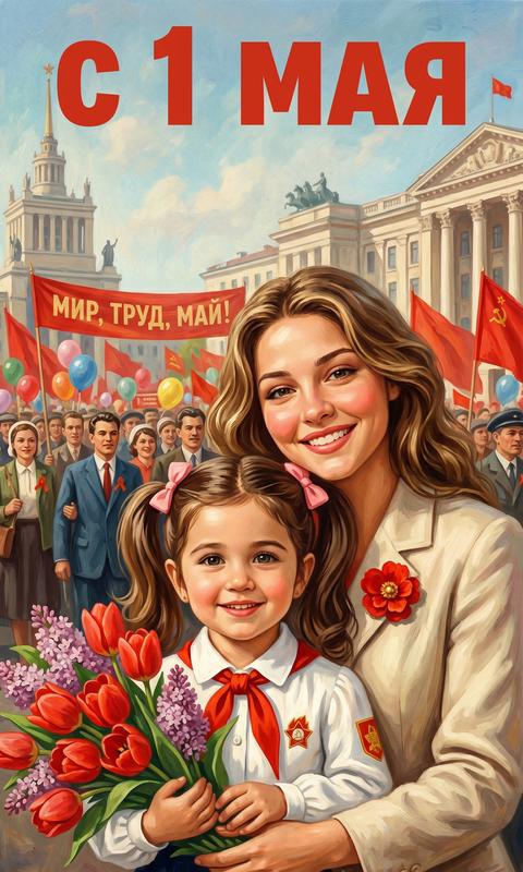 The image, executed in the style of a Soviet poster, depicts a mother and child, positioned in the center of the frame. In the foreground is a child, wearing a white shirt with a red Pioneer tie and a badge. The child holds a large bouquet of flowers, mainly red tulips and lilacs. The child looks directly at the viewer with a slight smile. Behind, embracing the child, is an adult woman, the mother, with beautifully styled hair, dressed in a light-colored jacket with a red flower brooch. She is also smiling. In the background, there are balloons, a banner with the inscription "PEACE, LABOR, MAY!", a crowd of people, and architectural structures resembling cityscapes. The inscription "MAY 1ST" is made in large red letters at the top of the image. The color palette is rich, with a predominance of red, blue, green, and beige hues. The lighting is soft, creating an atmosphere of celebration and optimism. The image style resembles oil painting with a slight graininess.