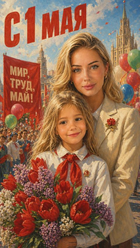 In the image, rendered in the style of a Soviet poster, a mother and child are depicted, positioned in the center of the frame. In front is the child, wearing a white shirt with a red Pioneer tie and a badge. The child is holding a large bouquet of flowers, mainly red tulips and lilacs. The child is looking directly at the viewer with a slight smile. Behind, embracing her, is an adult woman, the mother, with a beautiful hairstyle, dressed in a light-colored jacket with a red flower brooch. She is also smiling. In the background, balloons are visible, a banner with the inscription "PEACE, LABOR, MAY!", a crowd of people, and architectural structures resembling cityscapes. The inscription "HAPPY MAY 1ST" is rendered in large red letters at the top of the image. The color palette is vibrant, with a predominance of red, blue, green, and beige hues. The lighting is soft, creating an atmosphere of celebration and optimism. The style of the image resembles oil painting with a slight graininess.