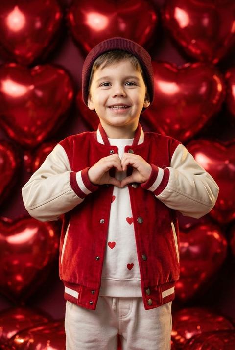 Не меняй черты лица.
"Фотореалистичный редакционный портрет в вертикальной ориентации, центрированная фигура от талии вверх, уютная романтическая атмосфера в стиле Valentine. Мальчик 5 лет в красно‑белом бомбере (бархатисто‑текстурированное красное туловище, кремовые/белые рукава из плотного хлопка или кожи, белые ребристые манжеты и воротник, крупные металлические кнопки), под бомбером белый свитшот с мелким узором из маленьких красных сердечек, светлые мягкие брюки/домашние штаны. На голове тонкая вязанная шапка бордового/красного цвета. Руки сложены перед грудью в форму сердечка, пальцы естественные, детализированные текстуры кожи и ткани, естественная поза и расслабленные плечи.

Фон — плотный слой блестящих фольговых шаров в форме сердечка глубокого красного/карминного цвета, сильные зеркальные блики и отражения, легкий боковой блеск на шариках, небольшая глубина резкости: передний план и фигура в резкости, фон слегка размыт мягким боке, отражающие точки света создают объём. Освещение: мягкий ключевой свет теплого тона слева спереди, мягкий заполняющий свет справа, тонкая подсветка сзади для отделения от фона, деликатный виньет и кинематографическая контрастная цветокоррекция; насыщенные красные тона, слегка тёплые светлые участки, естественные тени.

Кадрирование и технические параметры: портретная композиция, 85 мм эквивалент, f/1.8–f/2.8 для мягкого боке, ISO 100–200, низкий уровень шума, высокое разрешение (8k / ultra‑detailed), четкие текстуры ткани и металлических бликов, реалистичная кожа и текстуры, легкая пленочная зернистость, аккуратная резкость на руках и одежде.

Стиль: кинематографичный, редакционный/фешн‑портрет, тёплый романтический вайб, высокодетализированное фотореалистичное исполнение."

Негативный промт (чтобы исключить артефакты): "избегать логотипов/водяных знаков/текста, лишних людей, перегруженного фона, чрезмерной резкости на всем изображении, неестественной постобработки кожи, искажённых пропорций, шума, плоской пастельной цветовой палитры." Не меняй черты лица 
Формат 2:3. 
